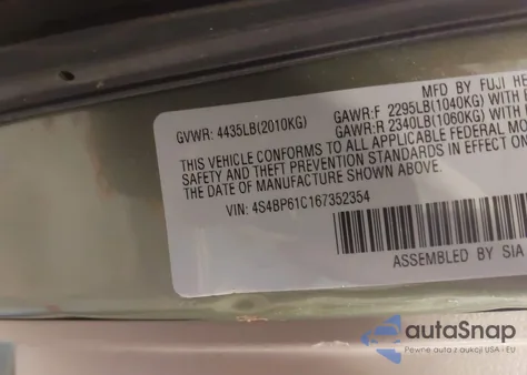 2006 Subaru Outback 2.5I from USA, damaged, VIN 4S4BP61C167352354